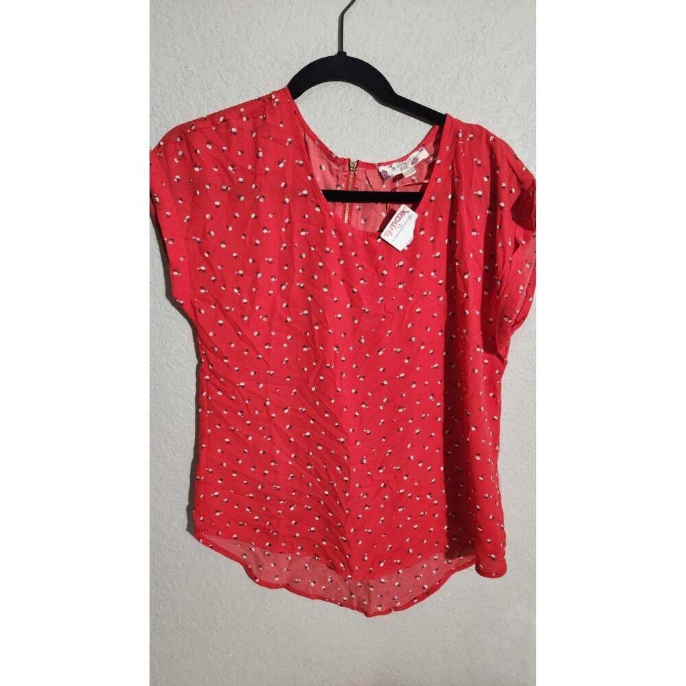 Hippie Rose Shirt Womens Medium Red Floral Print Sheer Blouse Short Sleeve Zip